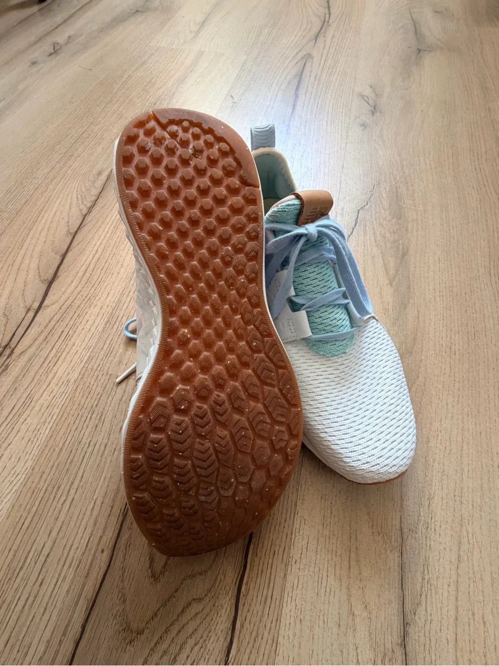 New Balance White Sneakers with Pastel Blue, Mint, and Peach Accents